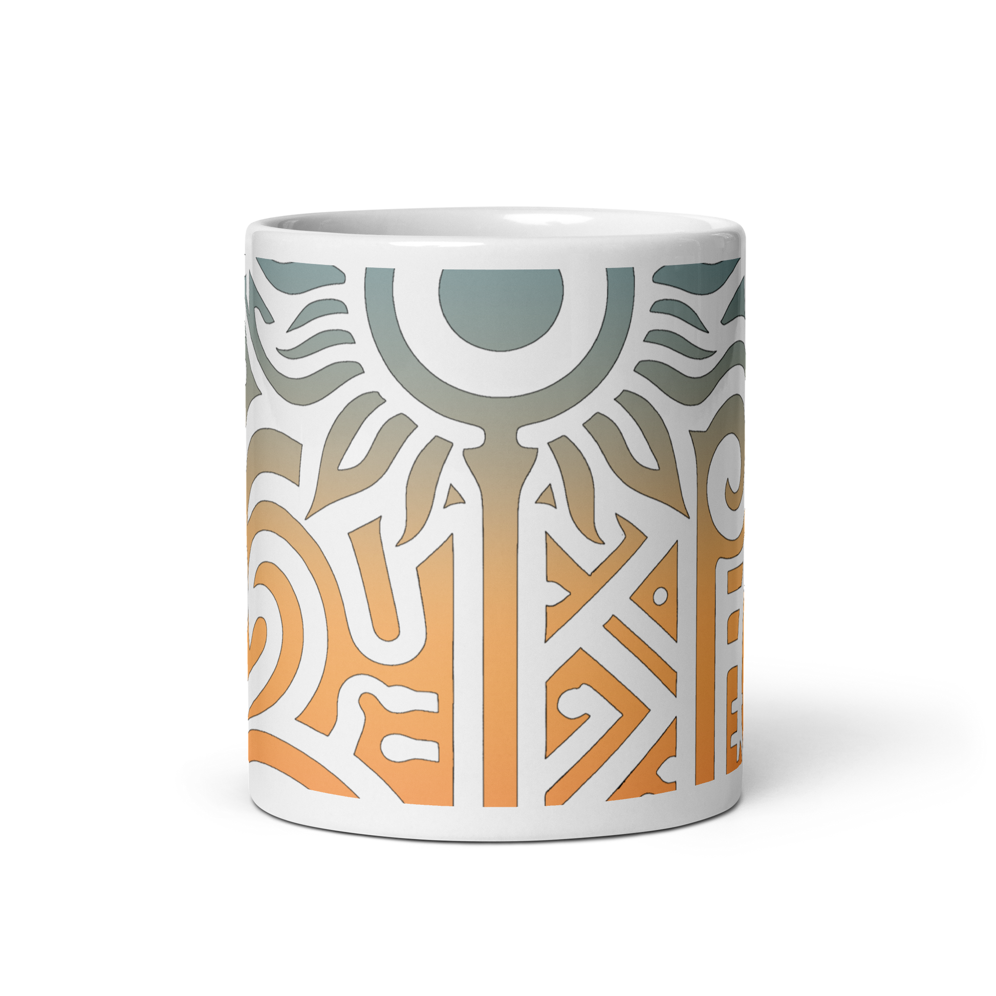 Solar Glyphs Mug with motivational design, durable ceramic, microwave and dishwasher safe.