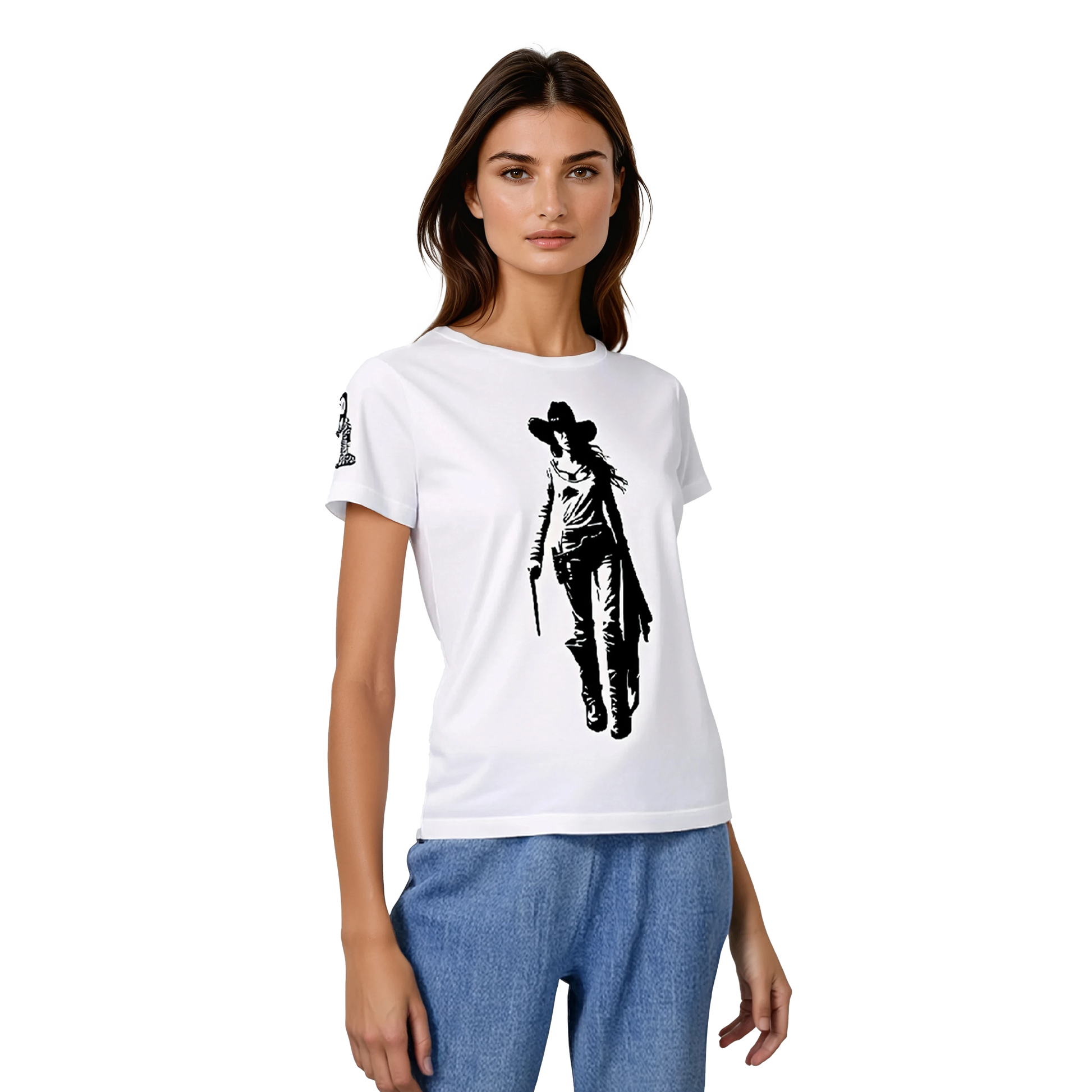 Western Spirit tee, semi-fitted, worn by a brown-haired woman.
