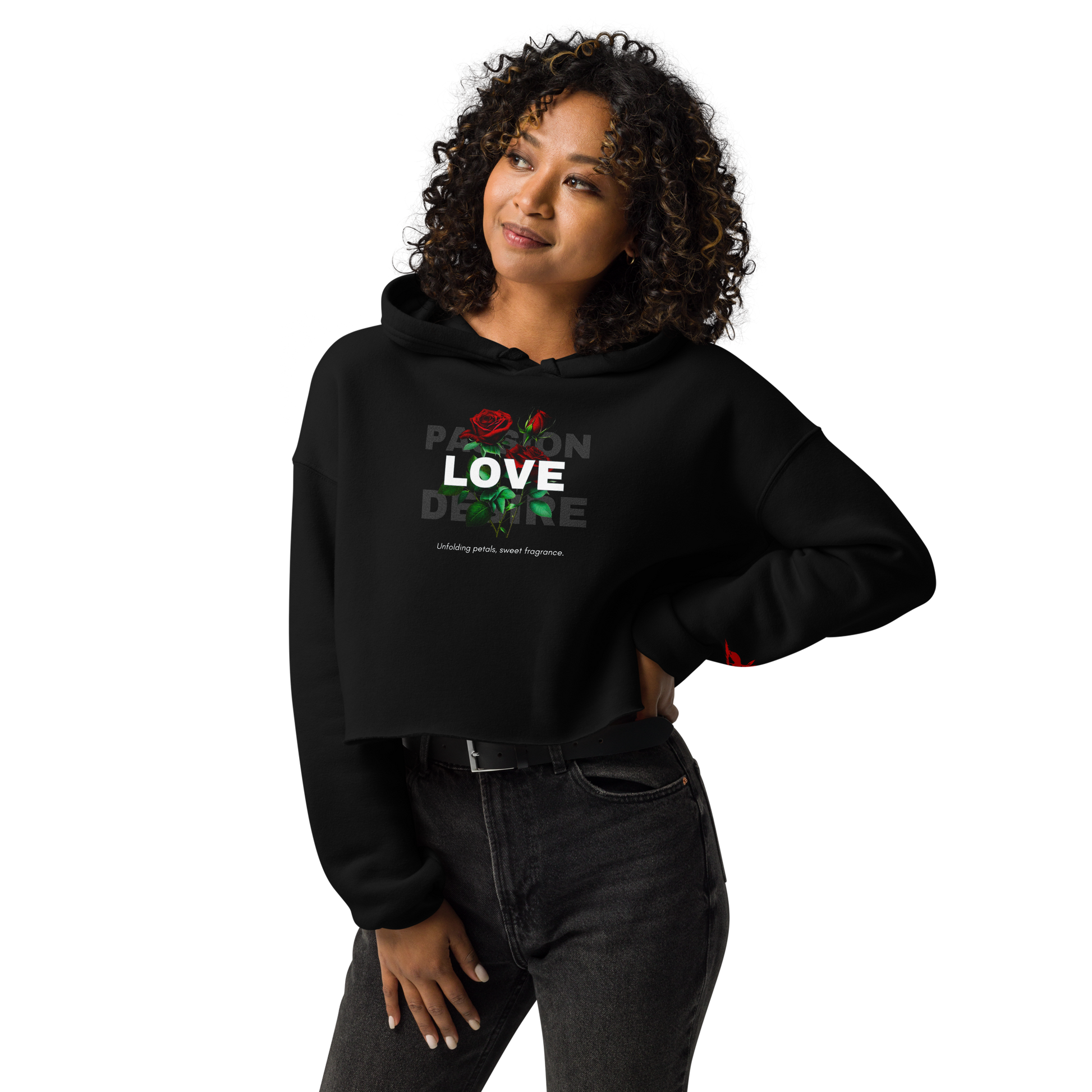 Woman with curly hair wearing Sweet Fragrance Hoodie, showcasing cropped fit and raw hem.