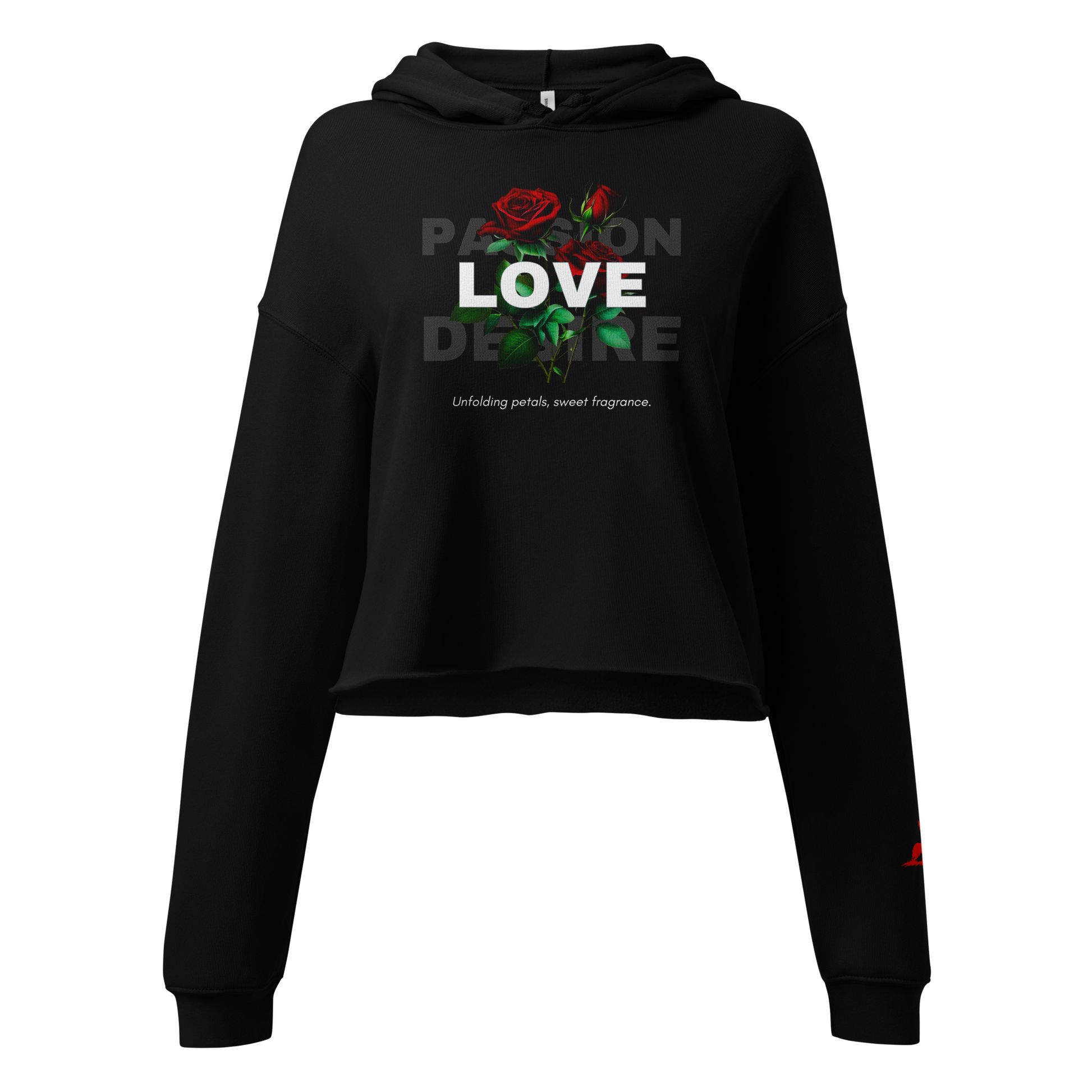 Sweet fragrance Hoodie with raw hem, cropped fit, relaxed dropped shoulders.