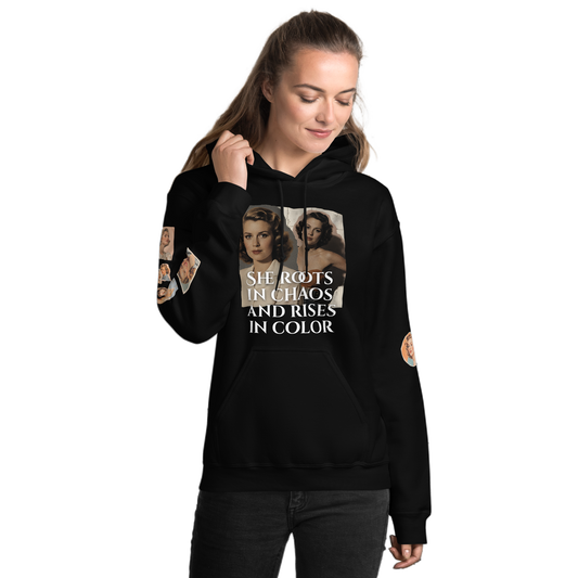 Woman in Bloom Louder black hoodie featuring a double-lined hood, front pouch pocket, and rib-knit cuffs, embodying comfort and style for cooler evenings.