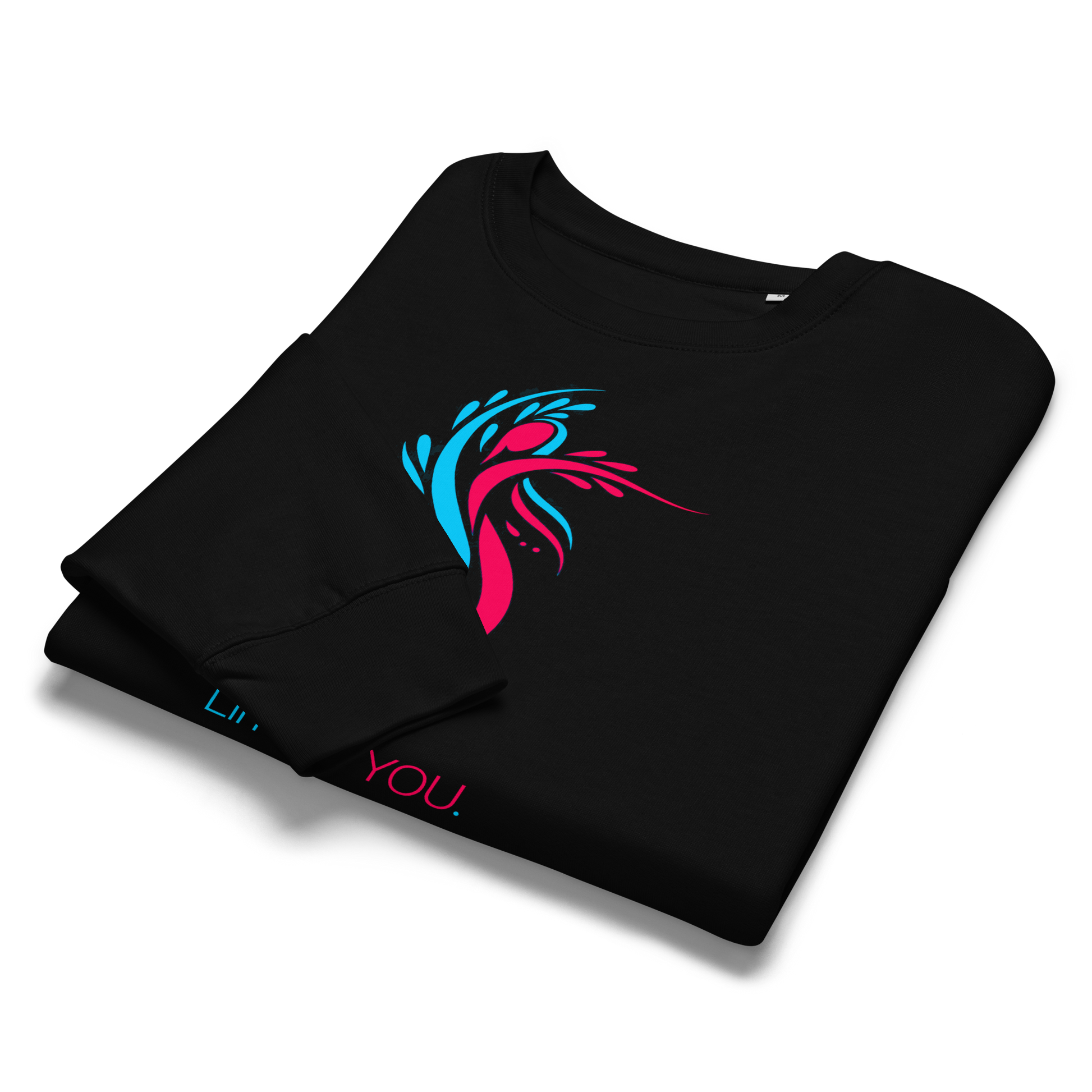 EverYOU black shirt with pink and blue design, organic, cozy fleece.
