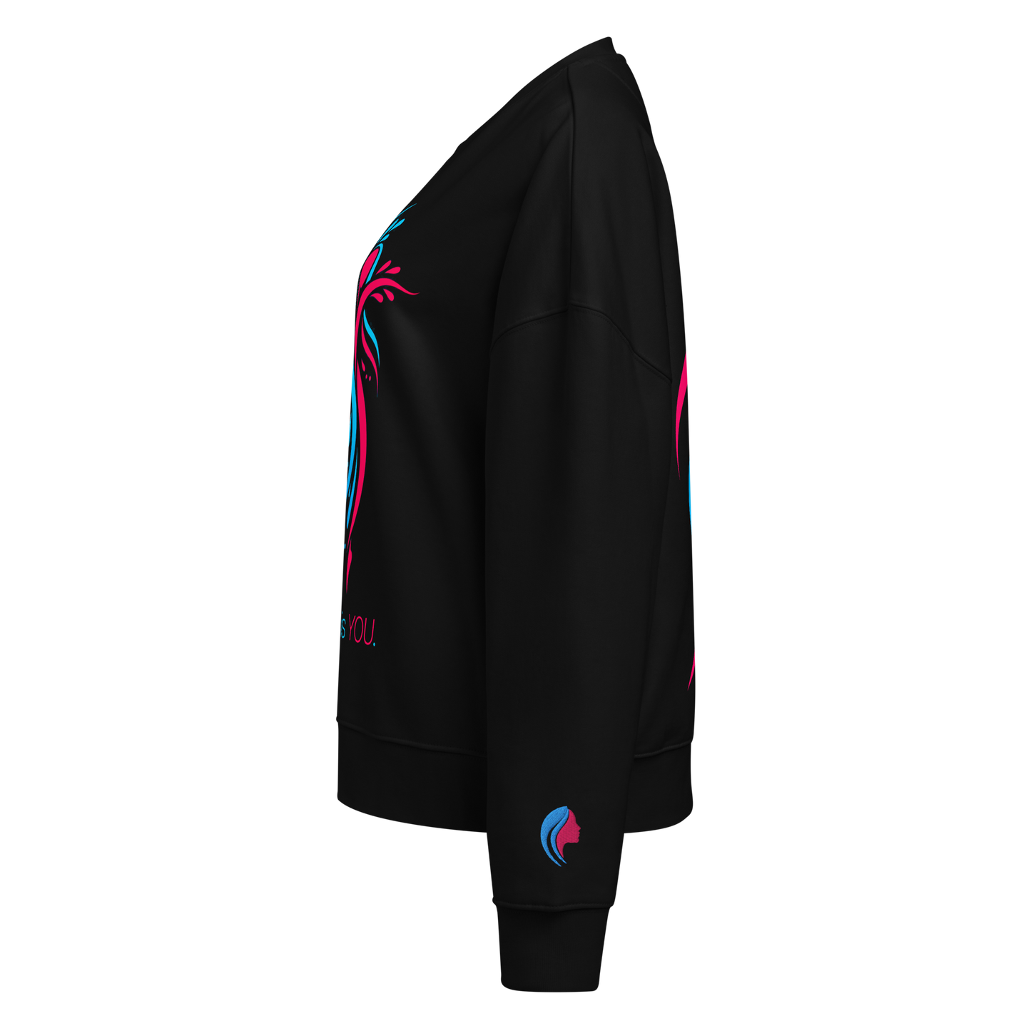 EverYOU black sweatshirt with pink and blue design, showcasing cozy fleece interior.