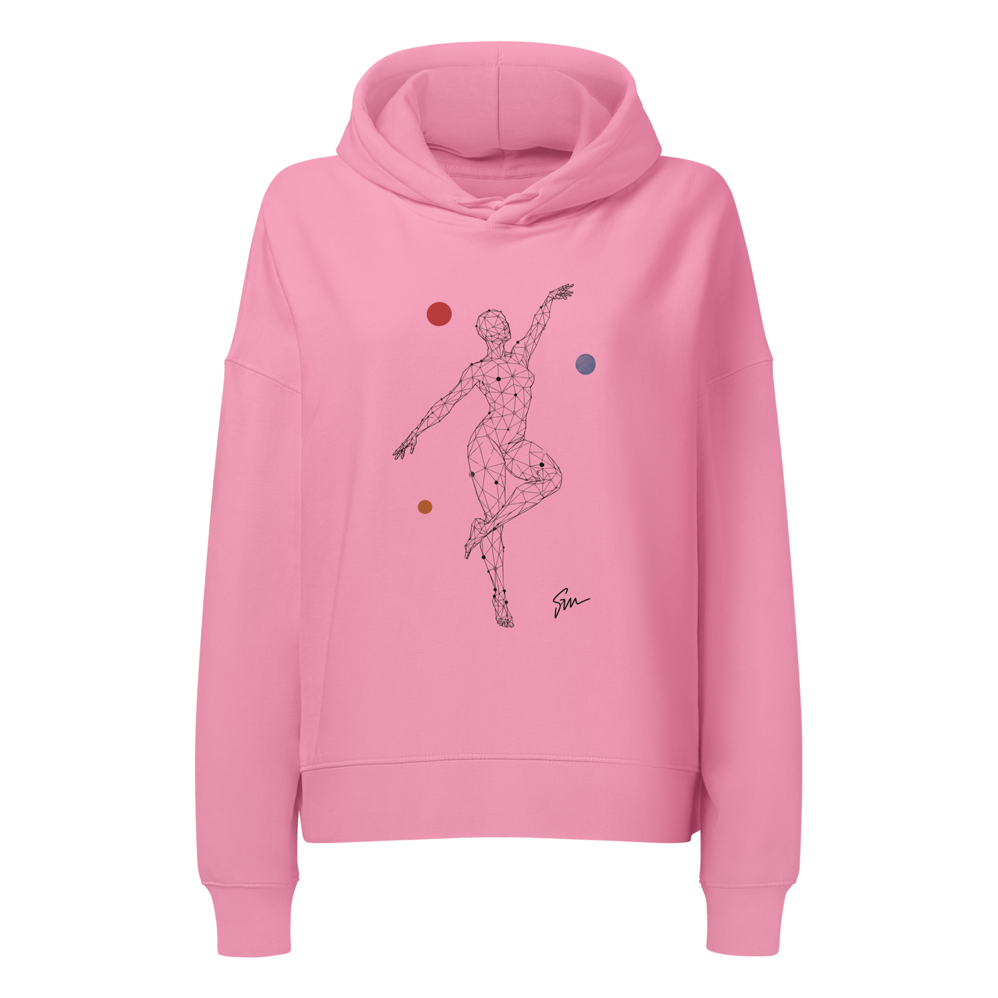Linea Dance Hoodie featuring a woman's wireframe illustration on a pink sweatshirt.