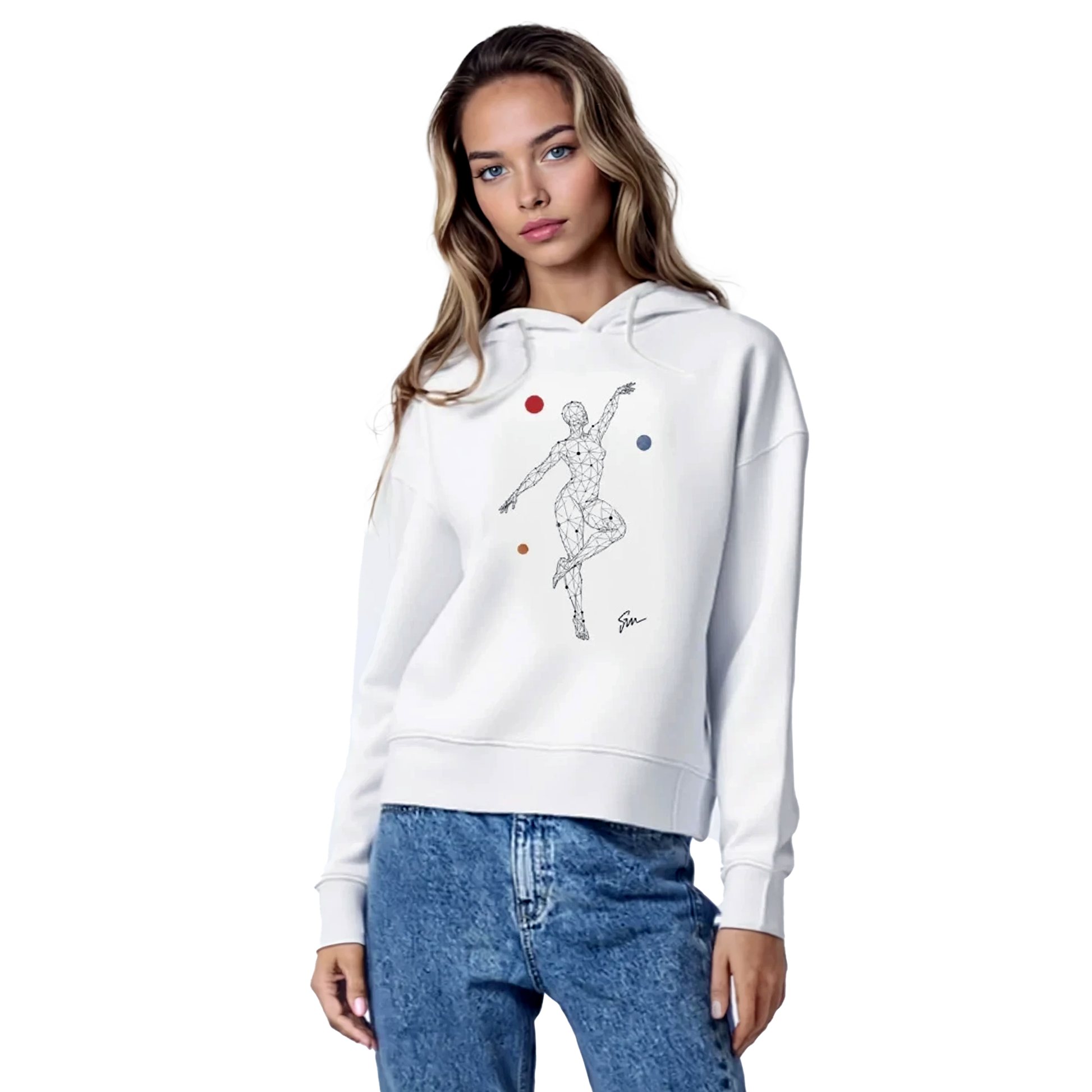 Linea Dance Hoodie worn by woman, featuring a feminine illustration.