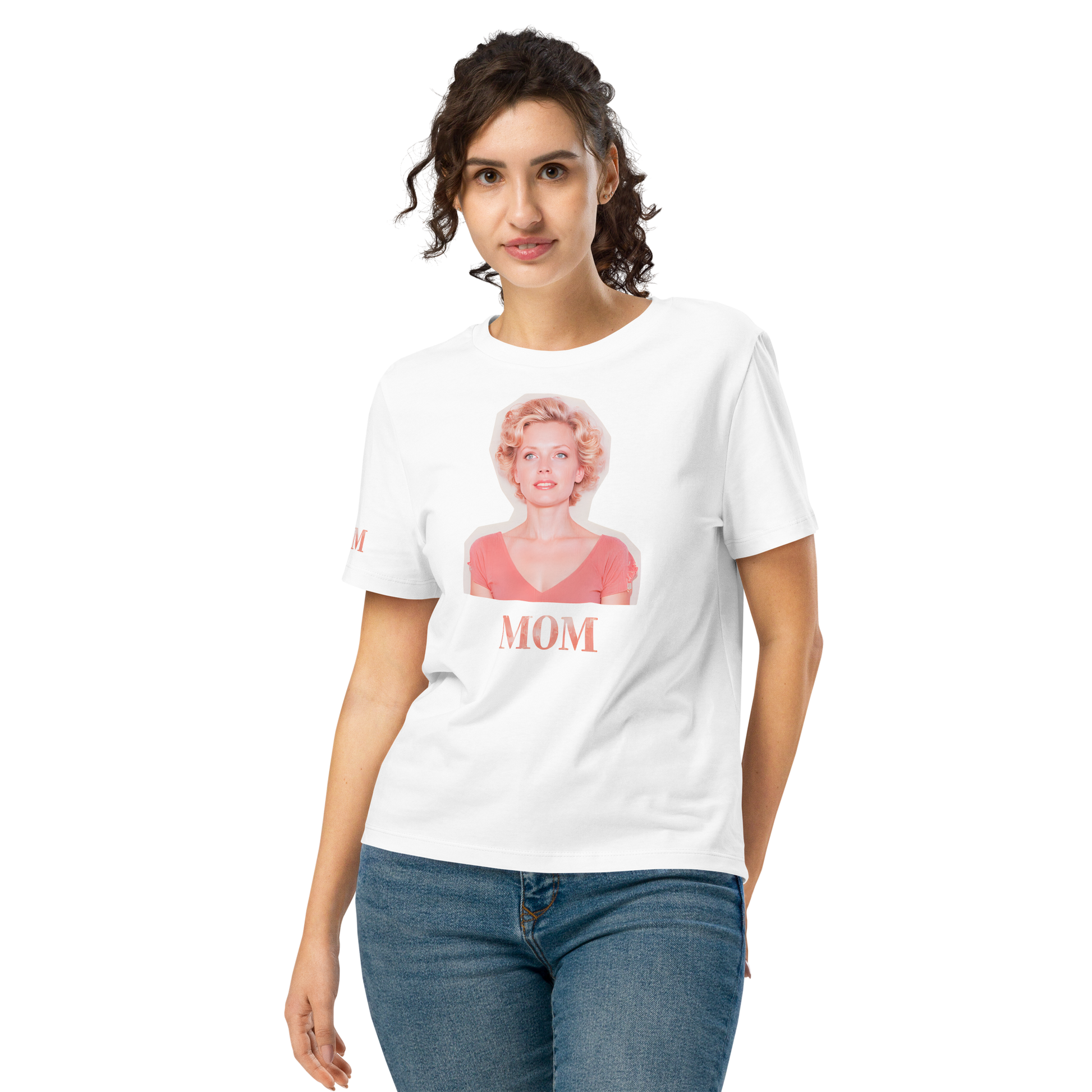 Simply Mom T-shirt featuring a woman's face, organic cotton, ribbed neckline.