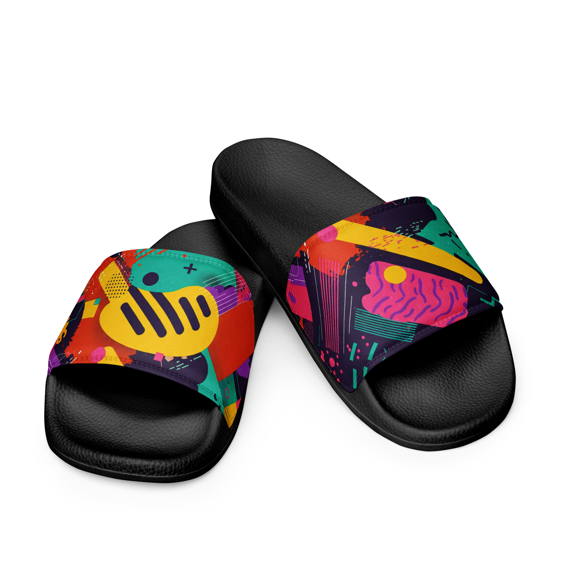 Chromatic Comets Slides: colorful slippers with cushioned straps and contoured footbed.