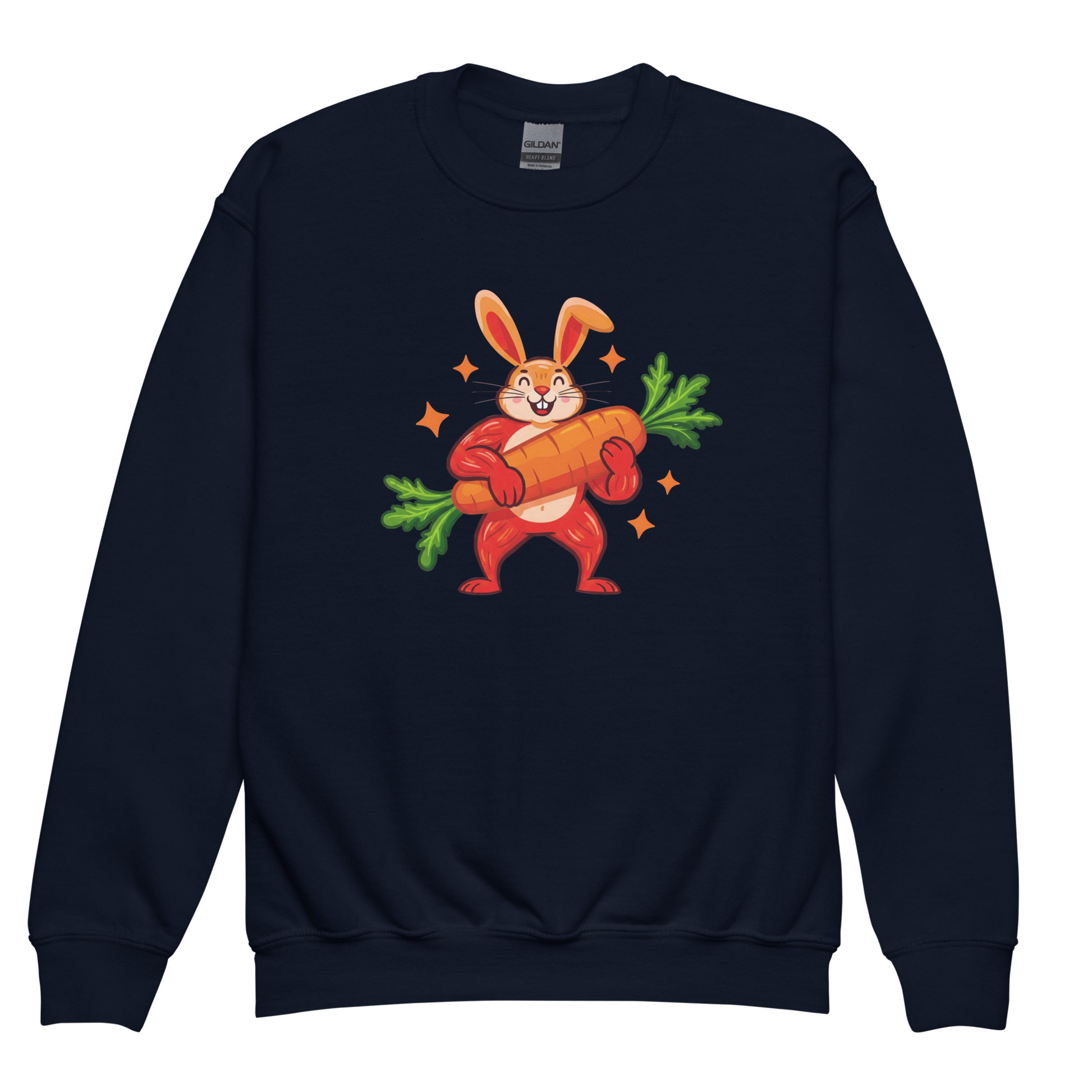Wise Rabbit Sweatshirt featuring cartoon rabbit with carrot, cozy fleece, durable stitching.