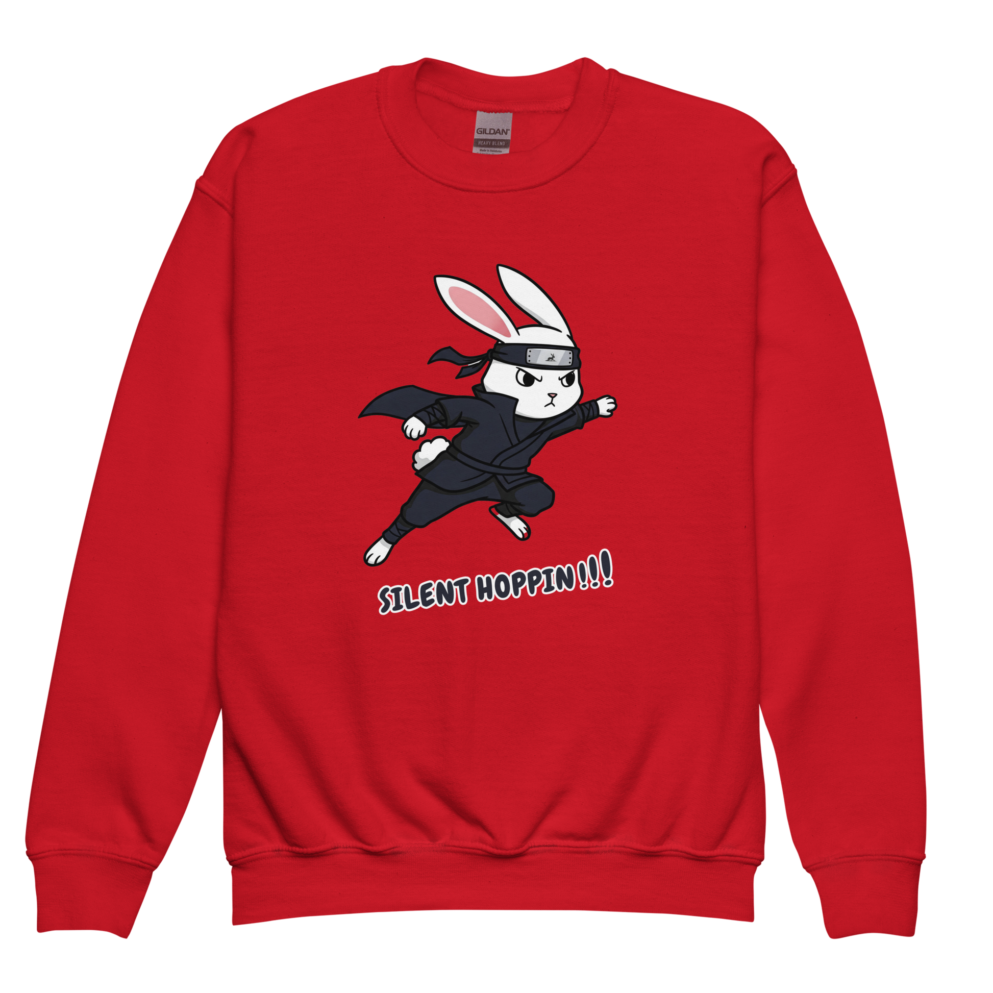 Silent Hoppin Sweatshirt featuring a cartoon rabbit, designed for comfort and durability.
