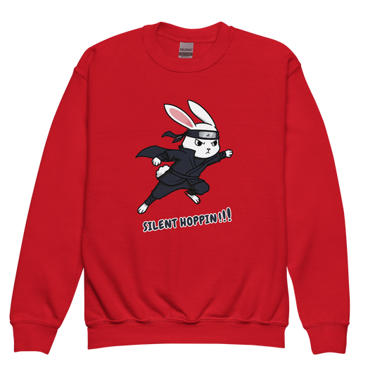 Silent Hoppin Sweatshirt featuring a cartoon rabbit, designed for comfort and durability.