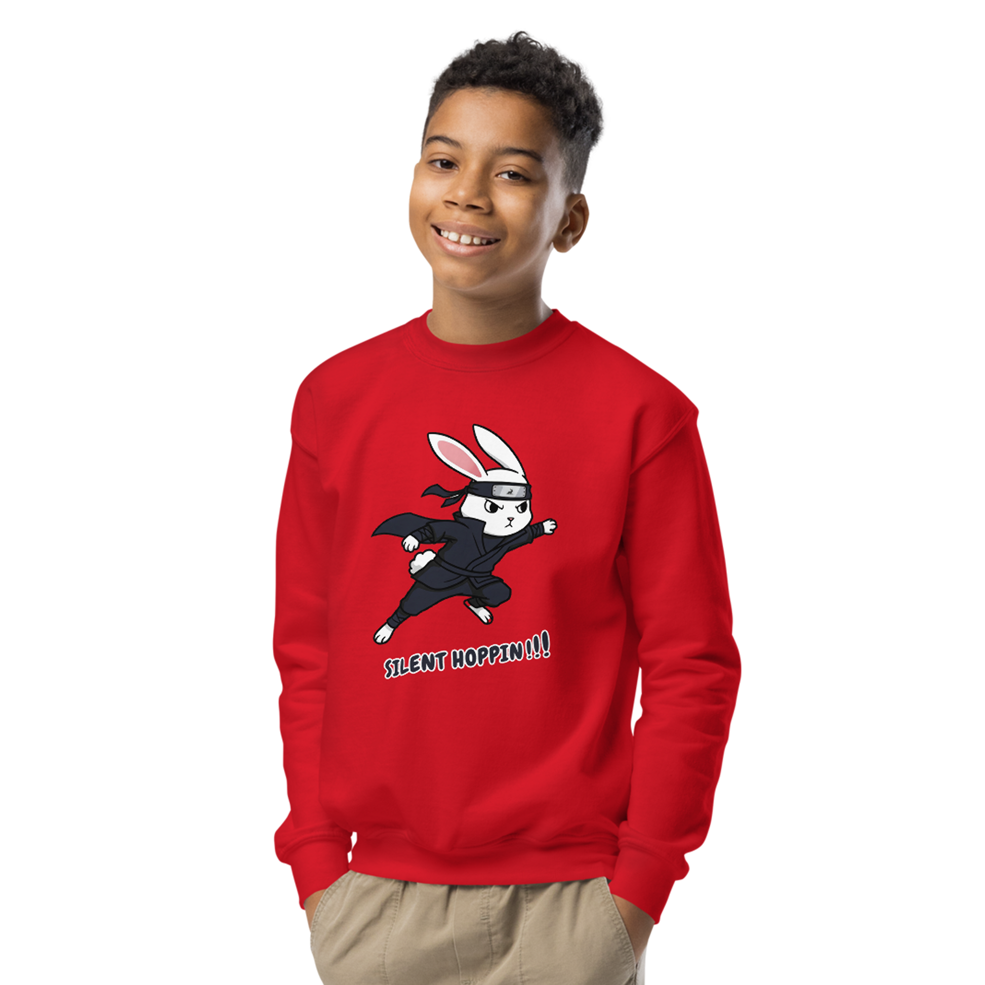 Silent Hoppin Sweatshirt on a smiling boy, showcasing cozy fleece fabric.