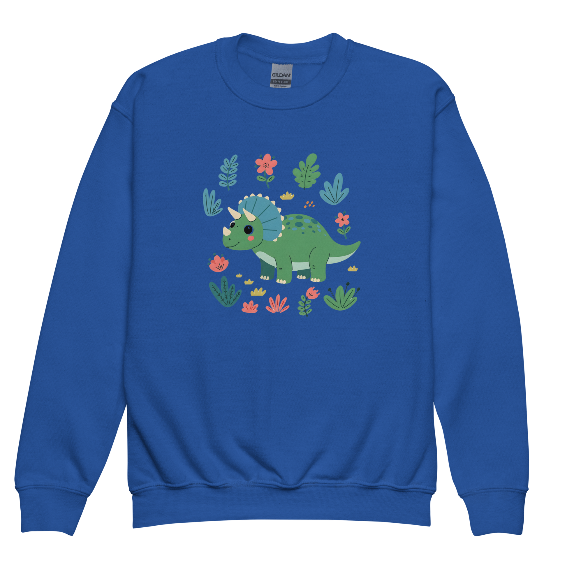 Friendly Dino Sweatshirt showing a cartoon dinosaur on a kids’ fleece top.