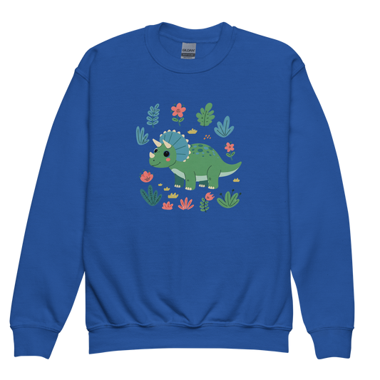 Friendly Dino Sweatshirt showing a cartoon dinosaur on a kids’ fleece top.