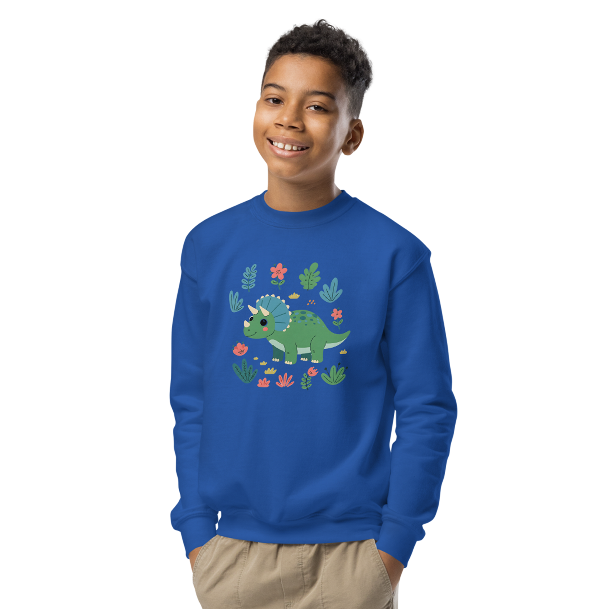 Friendly Dino Sweatshirt, cozy crewneck, perfect for kids' adventures.