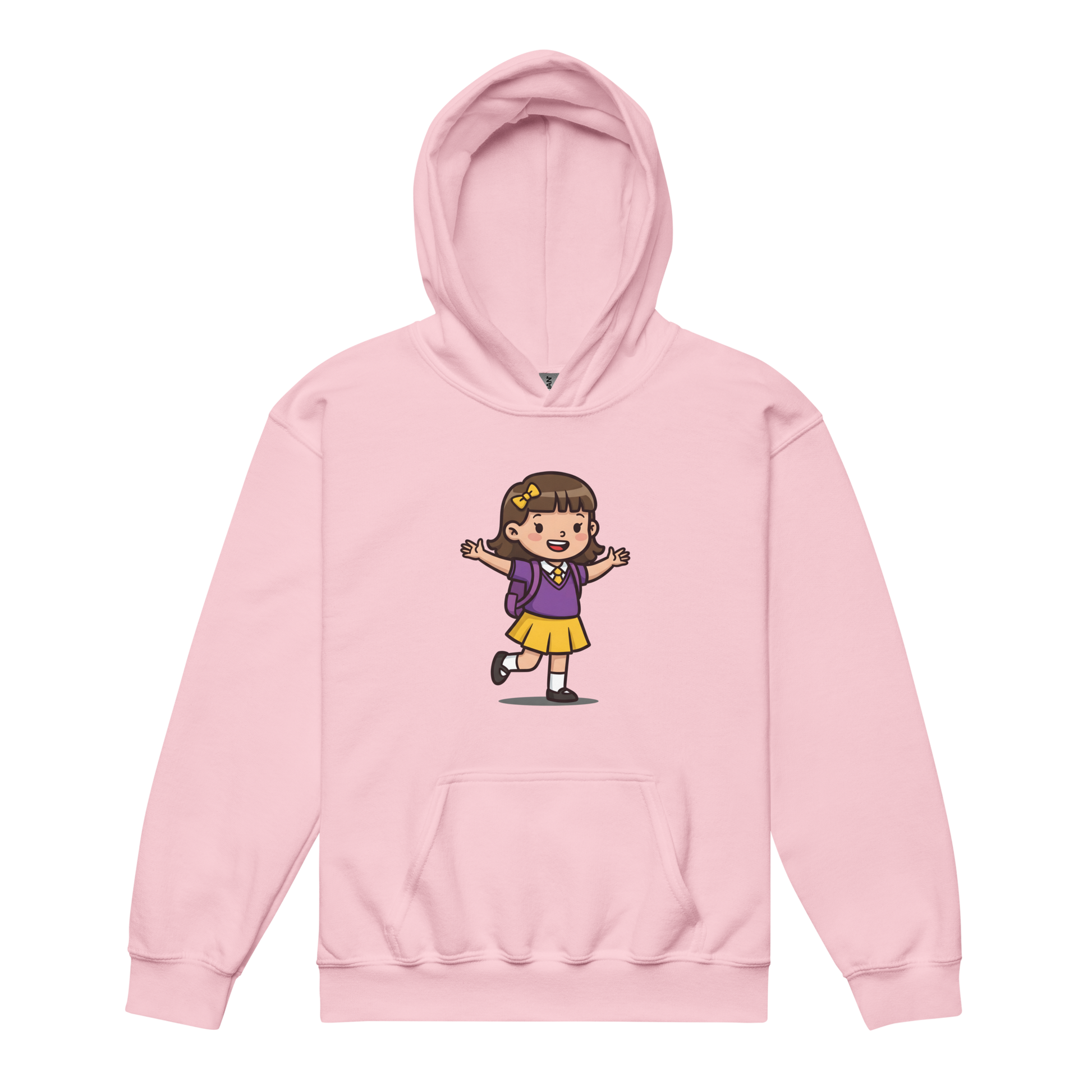 Little Learner Hoodie with cartoon girl print, no drawcords, front pouch pocket.