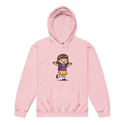 Little Learner Hoodie with cartoon girl print, no drawcords, front pouch pocket.