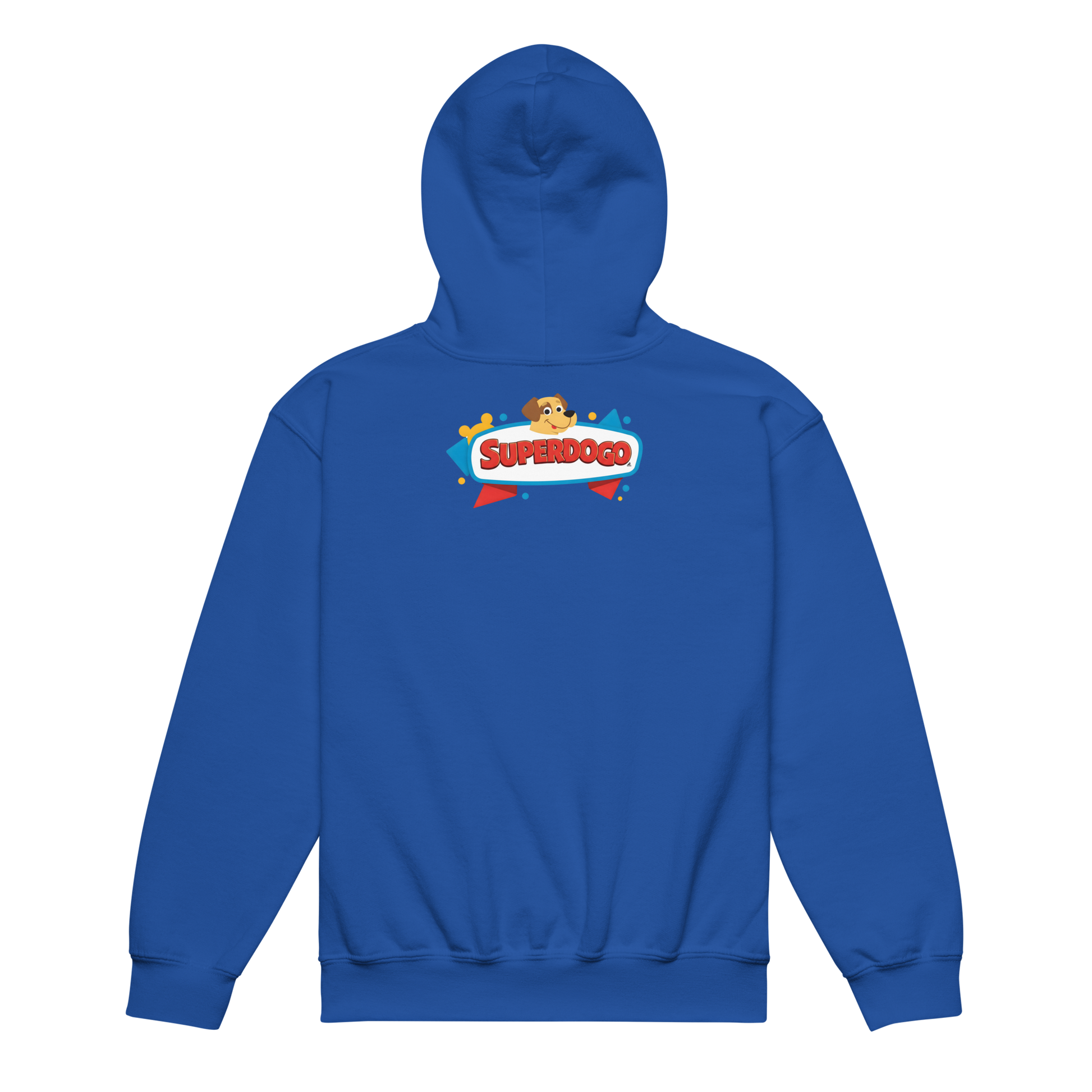 Superdogo Hoodie featuring a cartoon dog design, front pouch pocket, no drawcords.