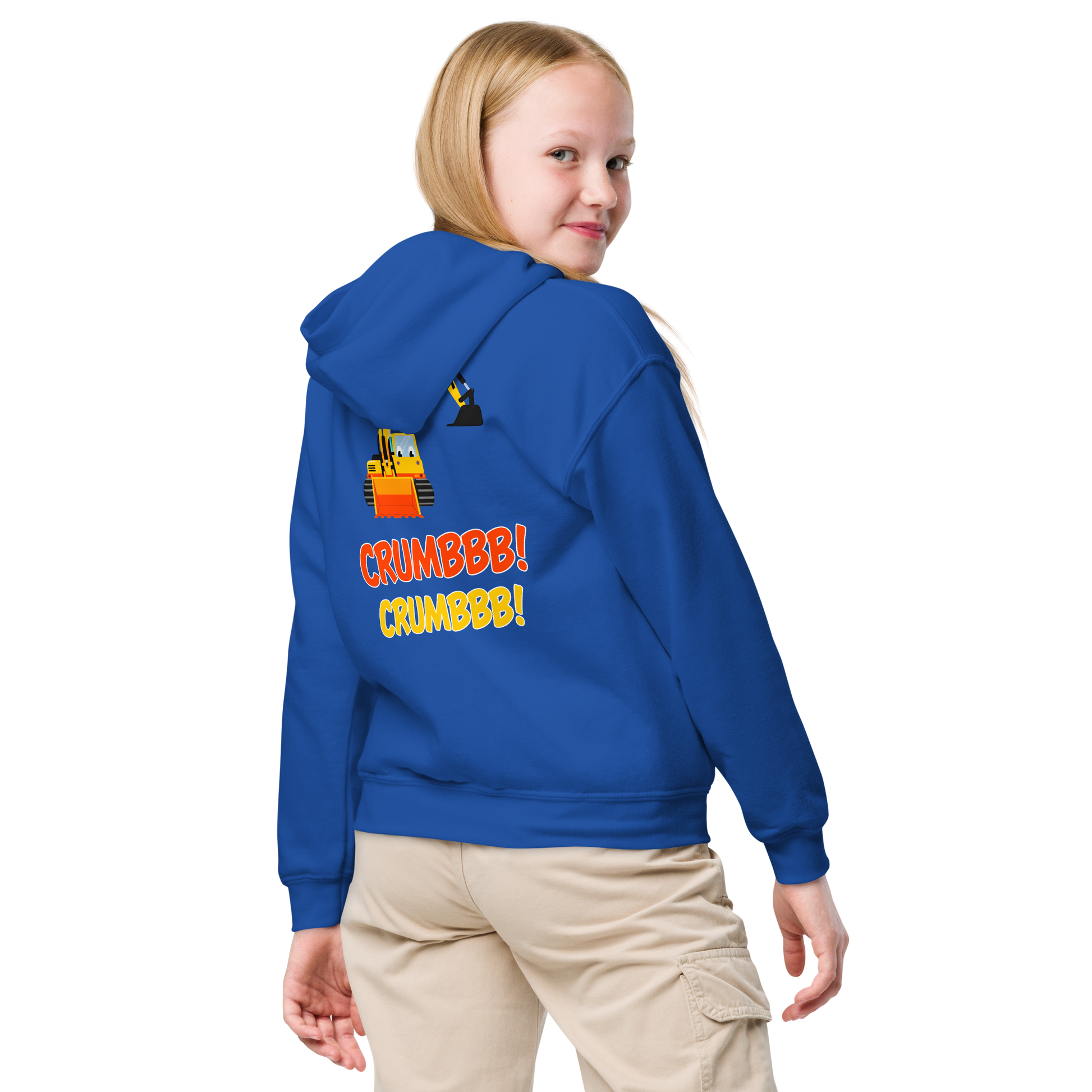 Child wearing Crumbbb! hoodie with cartoon excavator graphic.