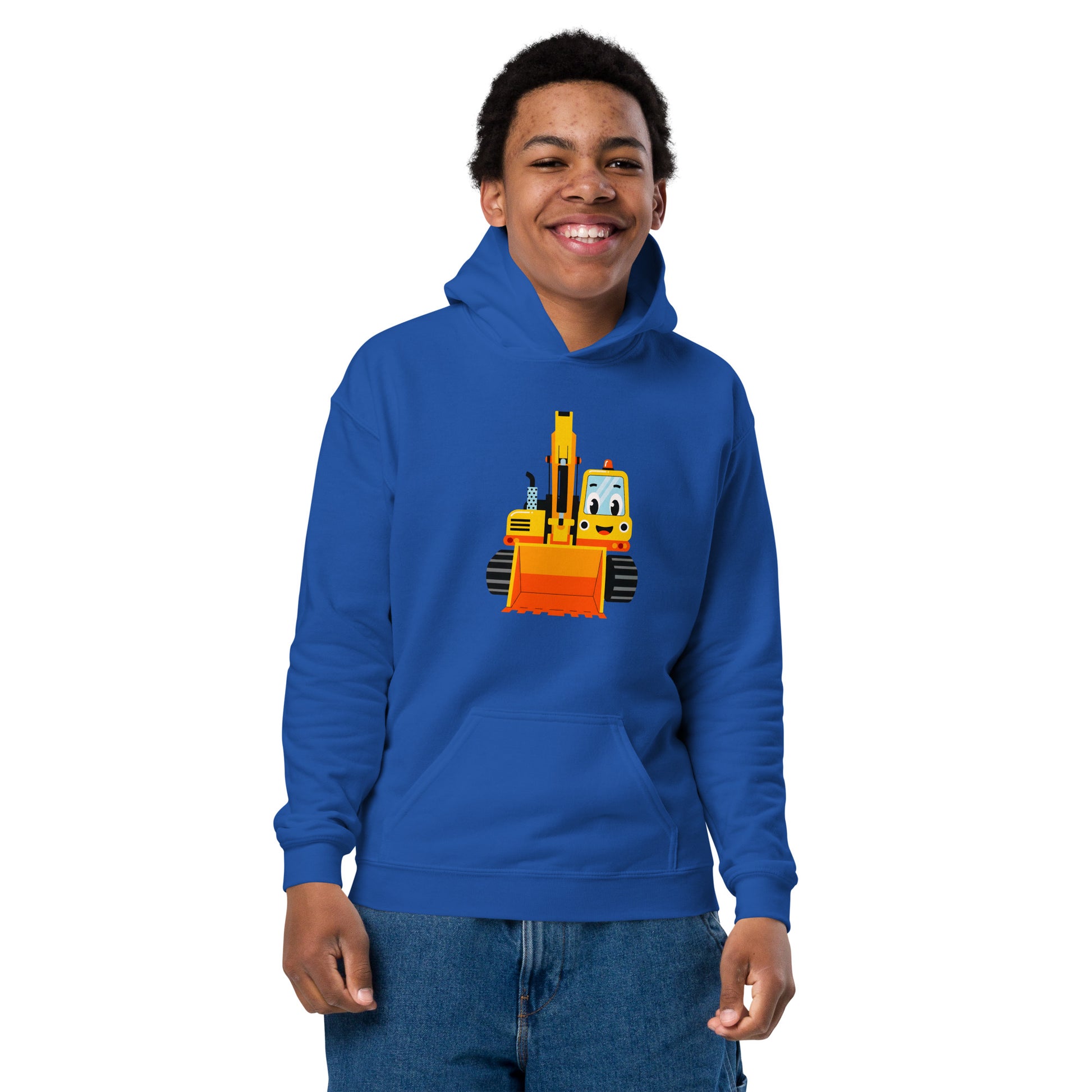 Teen boy wearing Crumbbb! hoodie with cartoon excavator design.