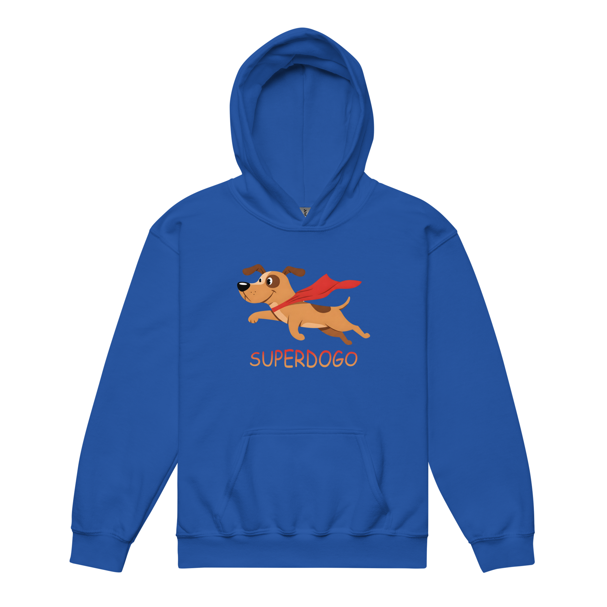 Superdogo Hoodie featuring a cartoon dog with a cape.
