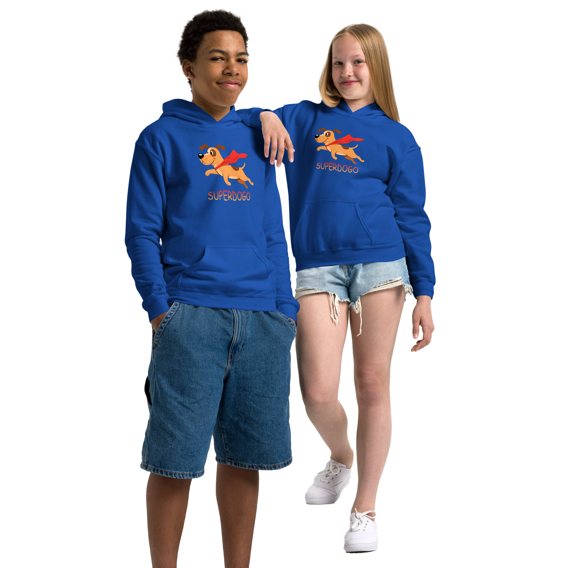 Superdogo Hoodie: Youth wearing durable hoodie with front pouch pocket.