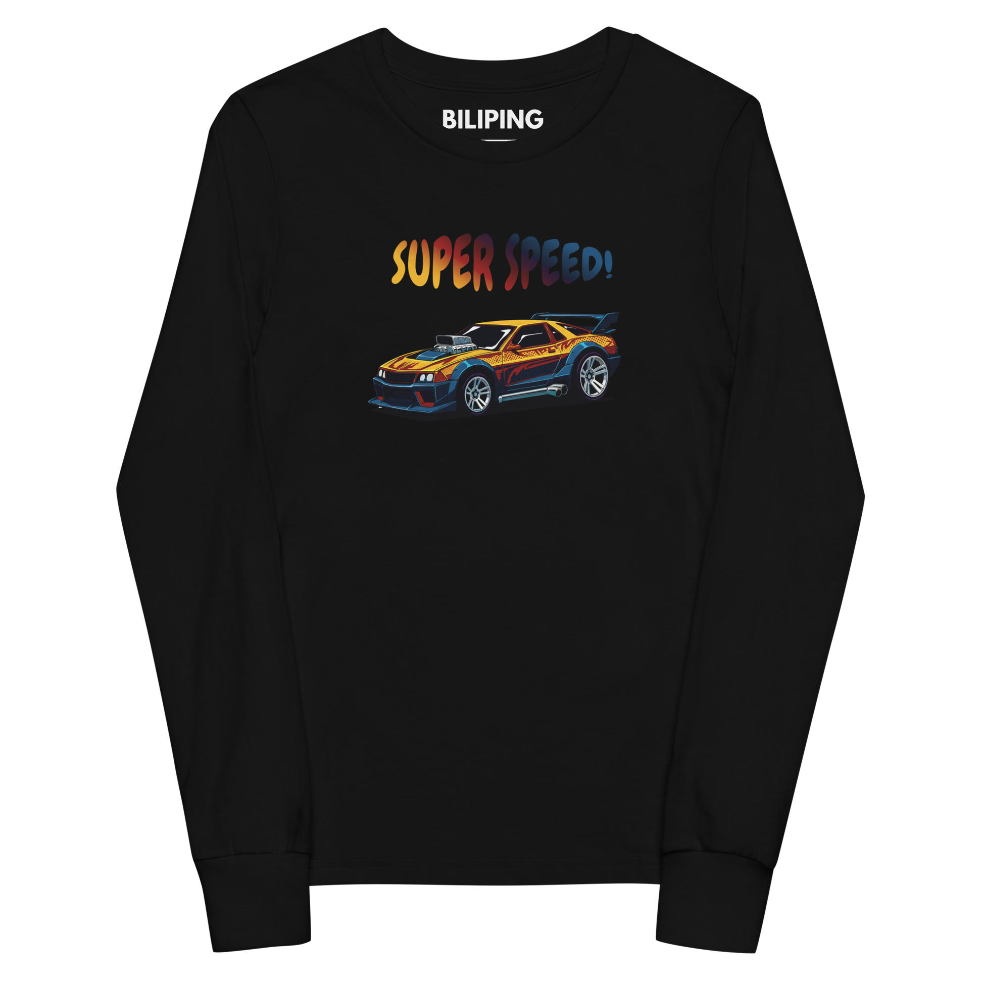 Super Speed Tee: Black long-sleeved shirt with race car graphic.