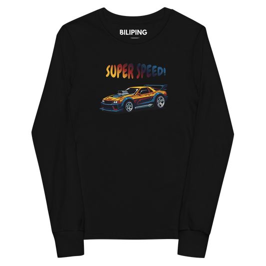 Super Speed Tee: Black long-sleeved shirt with race car graphic.