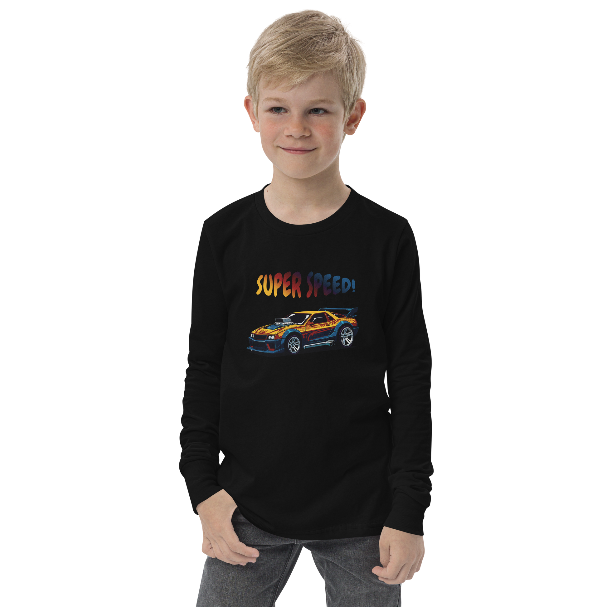 Super Speed Tee: Youth long sleeve with race car graphic and ribbed cuffs.