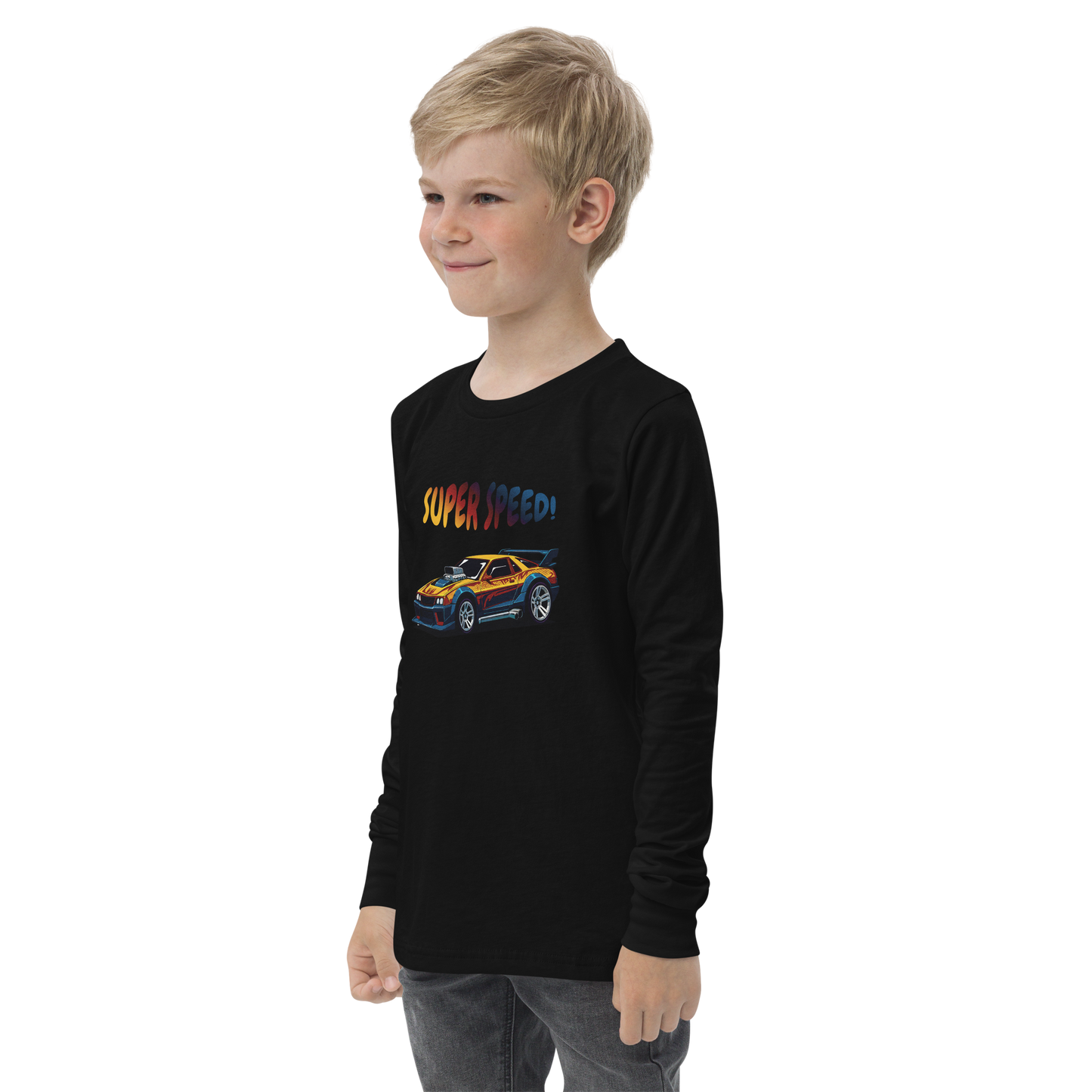 Super Speed Tee on boy, close-up of soft, ribbed long sleeve.