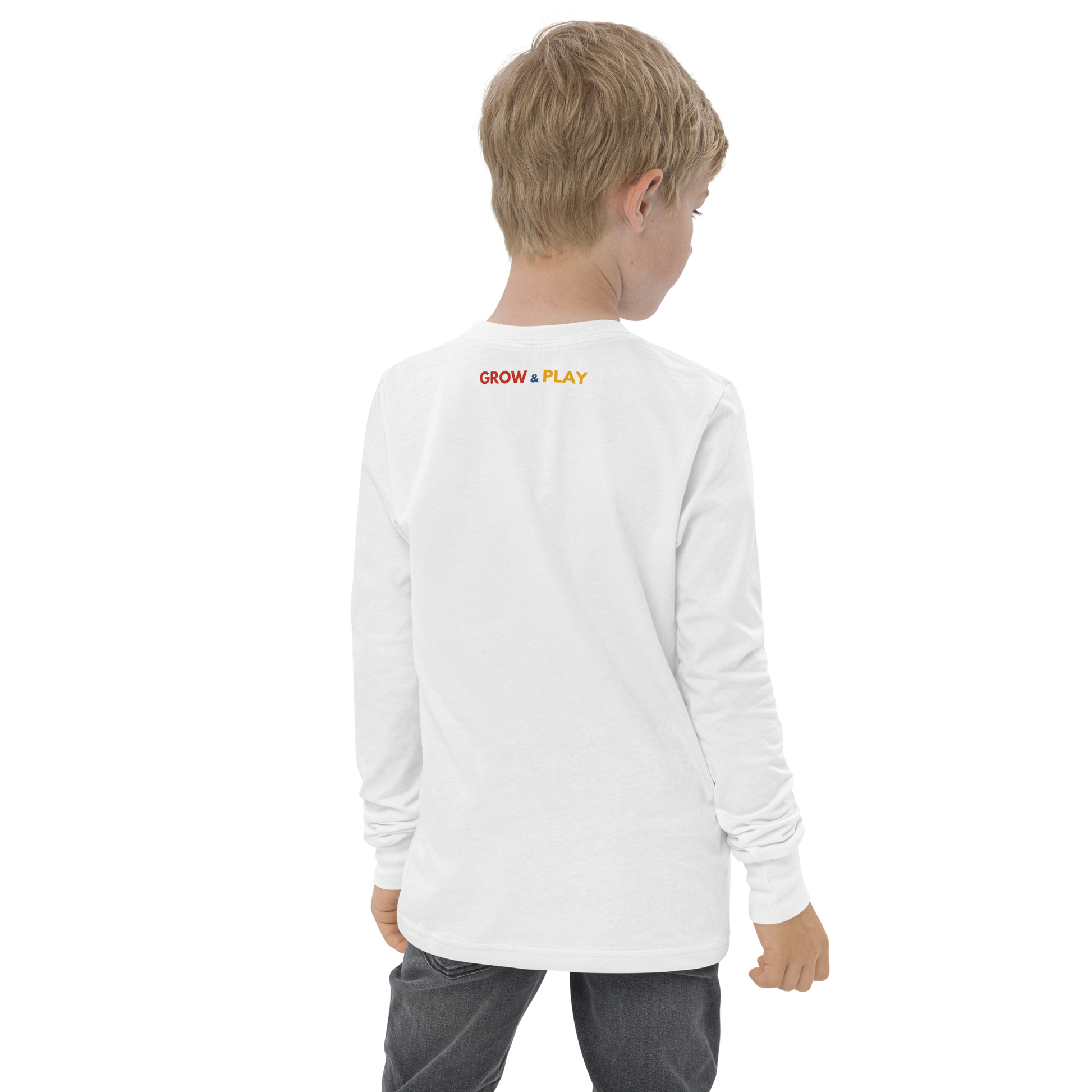 Grow & Play Tee: Close-up of a boy wearing a comfortable long sleeve shirt.