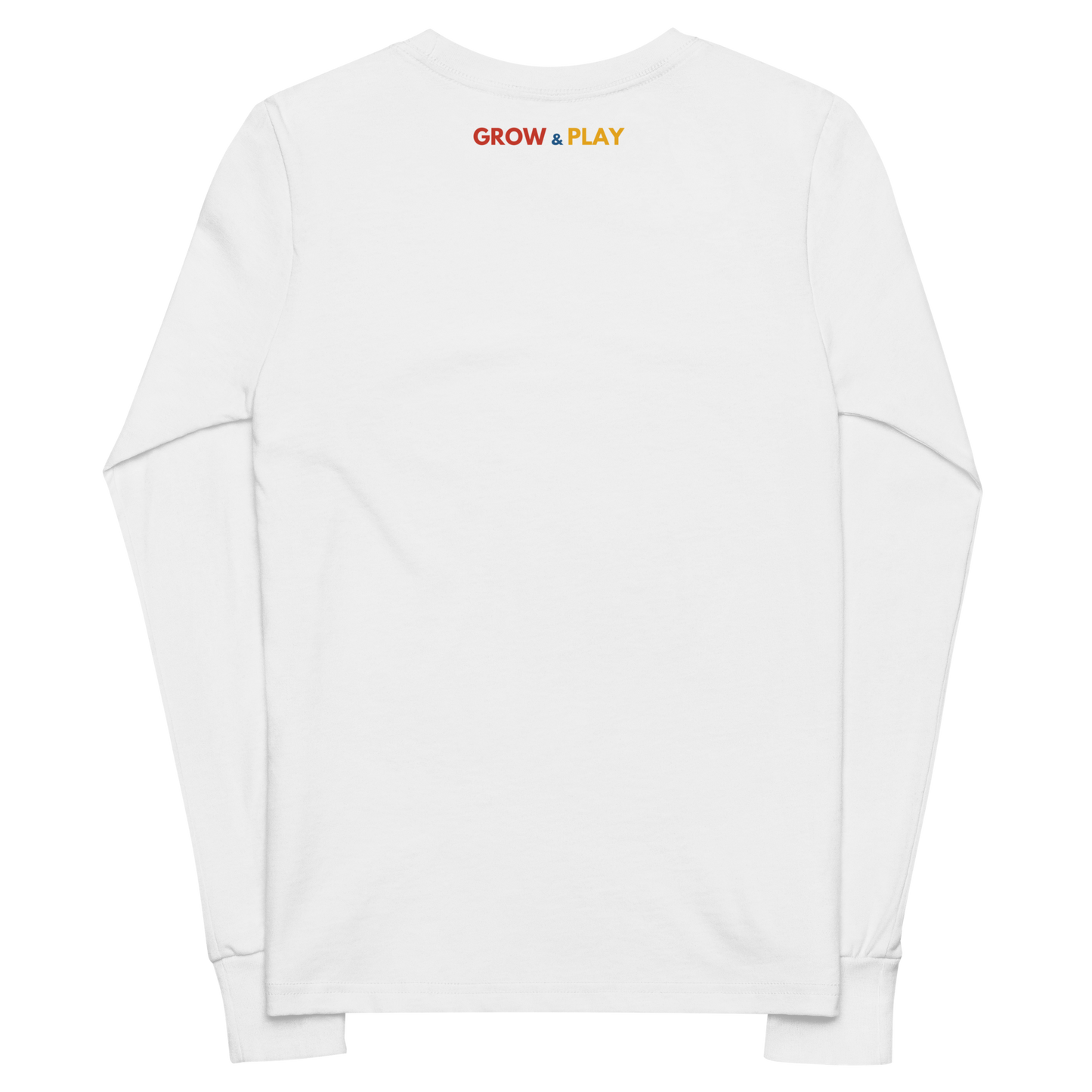 Grow & Play Tee, white long sleeve with red text and logo.