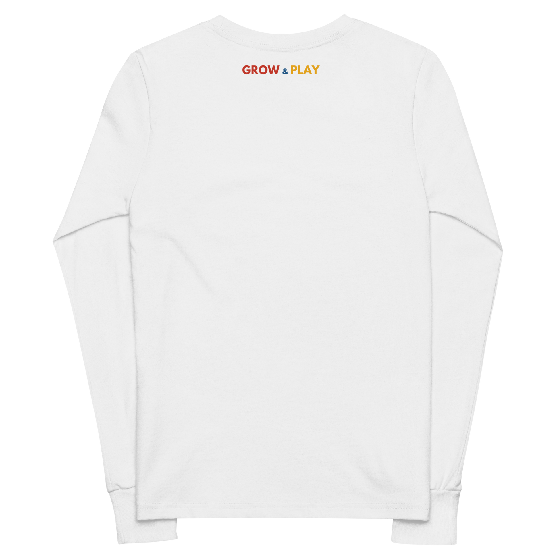 Grow & Play Tee, white long sleeve with red text and logo.