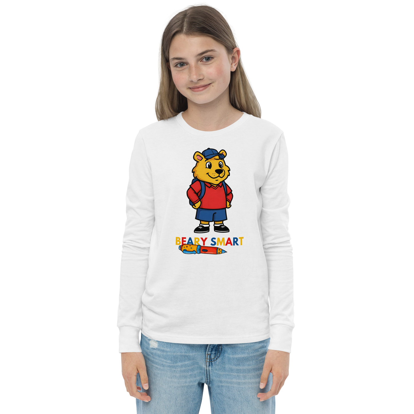 Girl wearing Beary Smart Tee, posing in white long sleeve shirt.