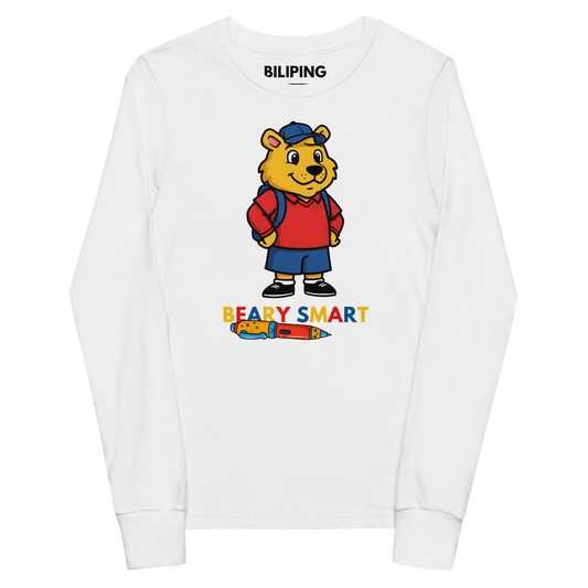Beary Smart Tee: Youth long sleeve shirt with cartoon bear design.