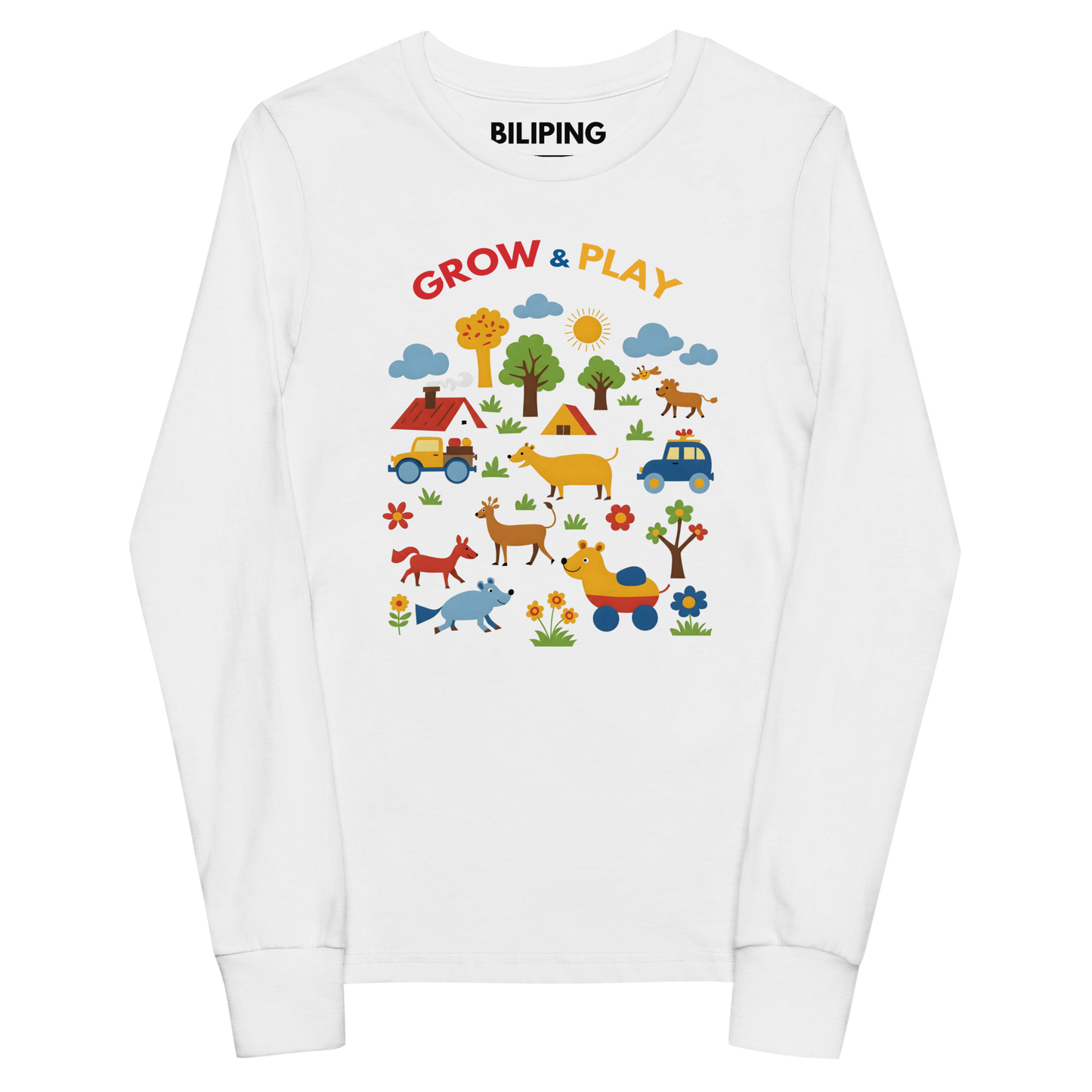 Grow & Play Tee featuring cartoon animals and cars, ideal for active kids.