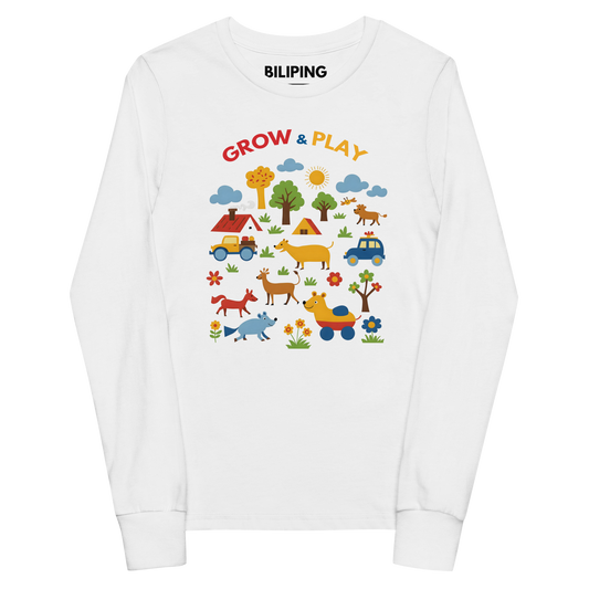 Grow & Play Tee featuring cartoon animals and cars, ideal for active kids.