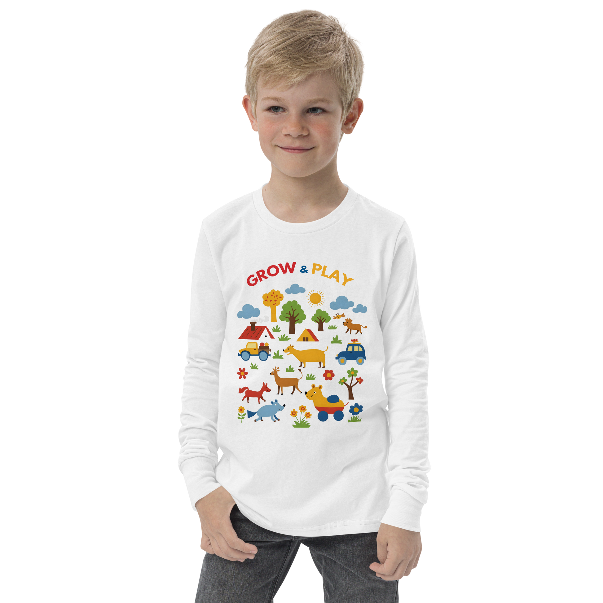 Grow & Play Tee on boy; close-up showcases ribbed cuffs and crew neck.