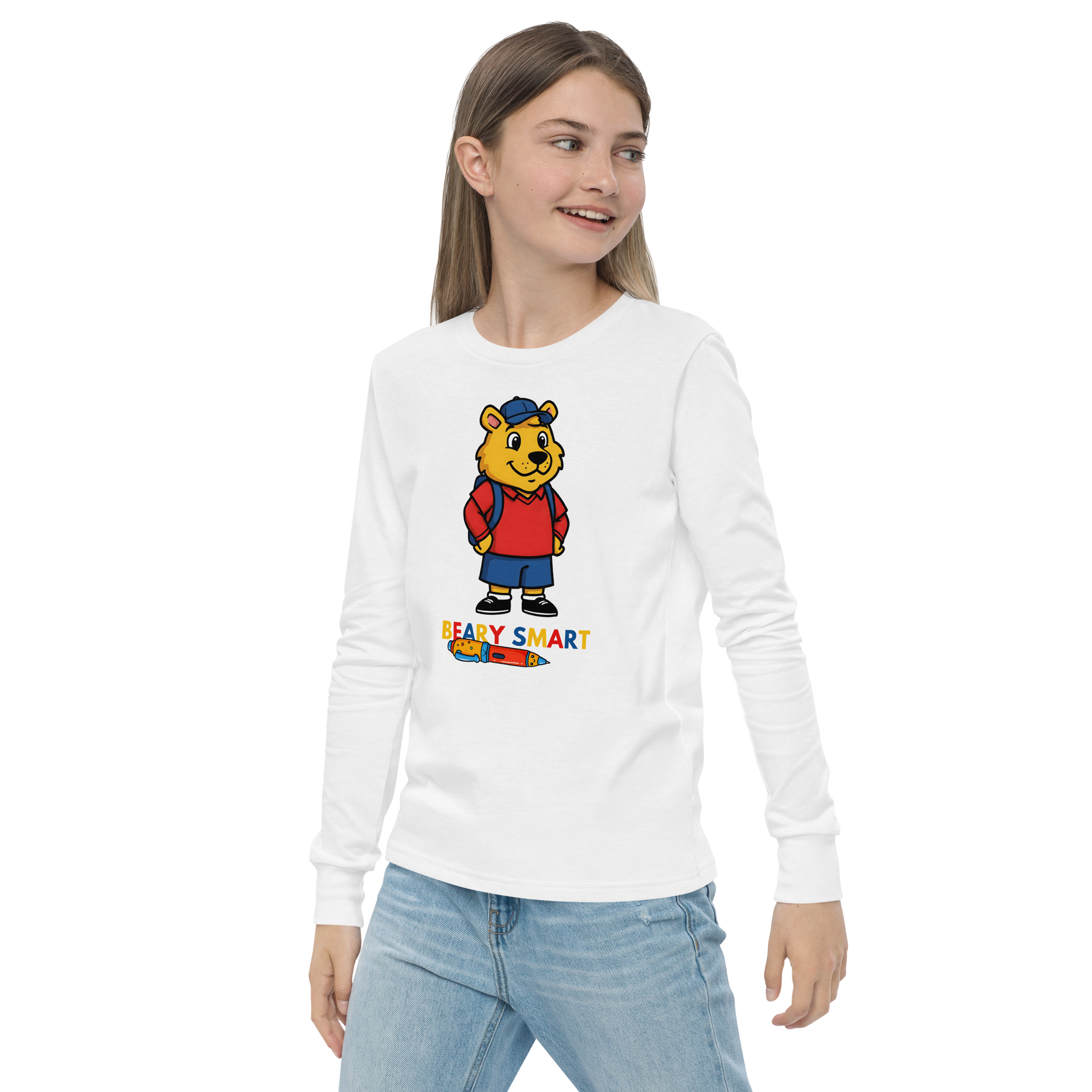 Youth wearing Beary Smart Tee, showcasing its classic crew neck and ribbed cuffs.
